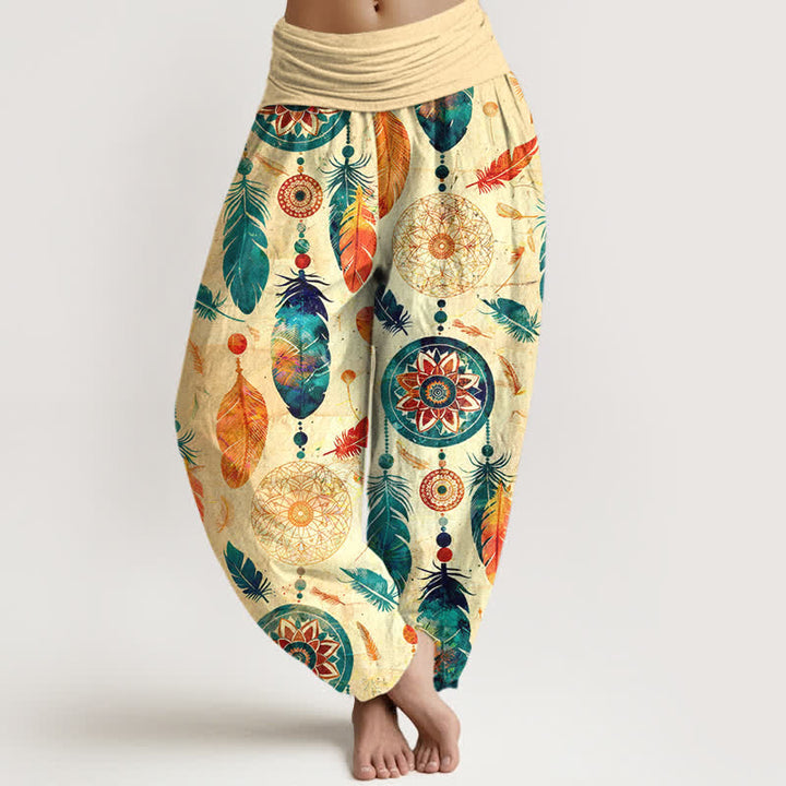 Buddha Stones Spodnie damskie typu harem z elastycznej talii z czystej bawełny z motywem łapacza snów - Pszenica - US16, UK/AU20, EU48 (3XL) - image 0