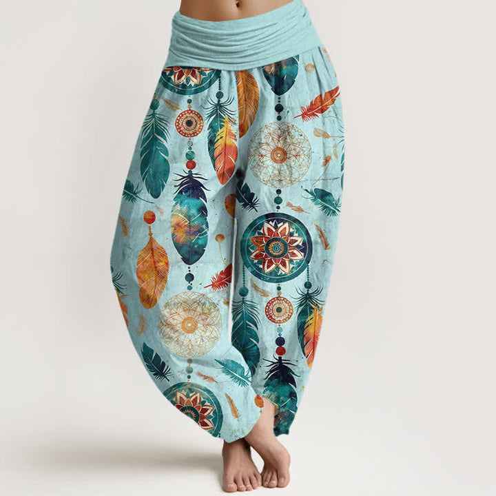 Buddha Stones Spodnie damskie typu harem z elastycznej talii z czystej bawełny z motywem łapacza snów - Turkus - US16, UK/AU20, EU48 (3XL) - image 5