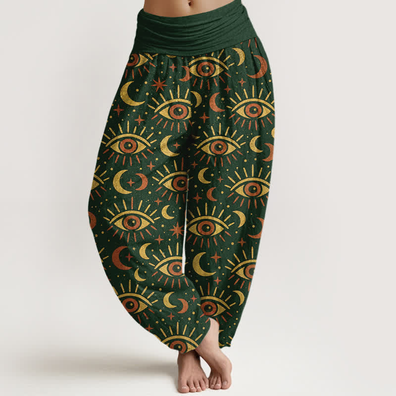 Buddha Stones Spodnie damskie typu harem z bawełny Mystic Eye Moon Pattern z elastyczną talią - Ciemnozielony - US16, UK/AU20, EU48 (3XL) - image 0