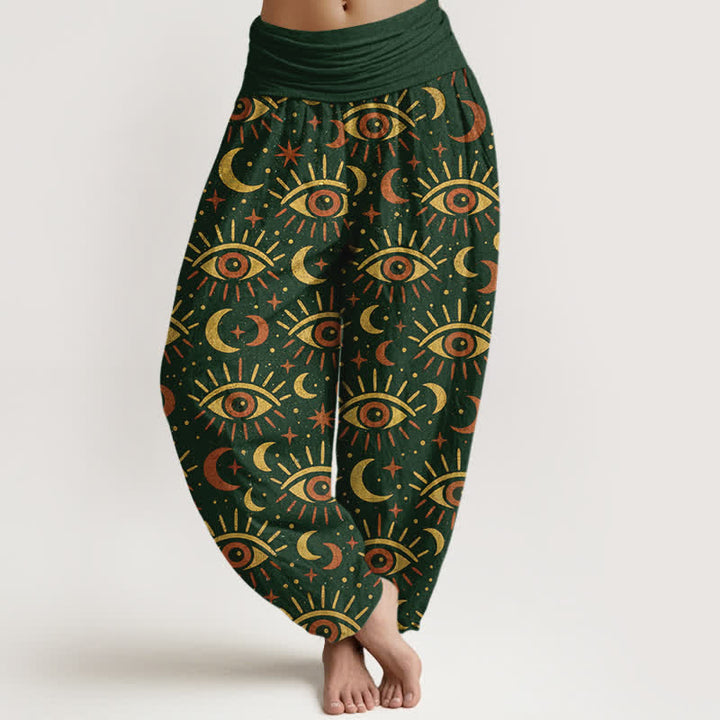 Buddha Stones Spodnie damskie typu harem z bawełny Mystic Eye Moon Pattern z elastyczną talią - Ciemnozielony - US16, UK/AU20, EU48 (3XL) - image 0