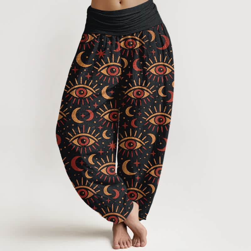 Buddha Stones Spodnie damskie typu harem z bawełny Mystic Eye Moon Pattern z elastyczną talią - Czarny - US16, UK/AU20, EU48 (3XL) - image 8