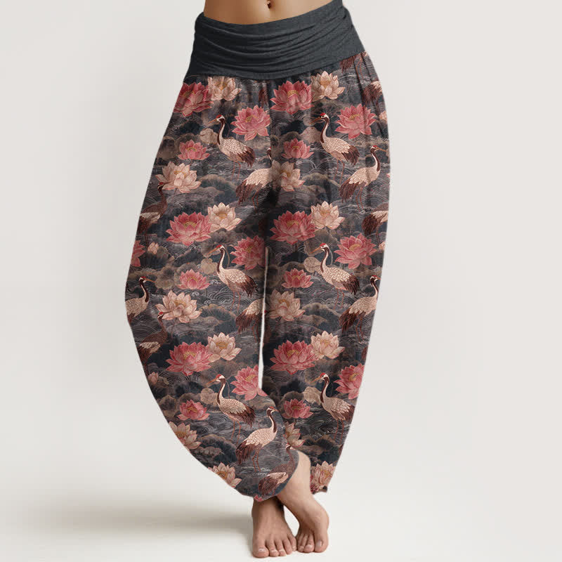 Buddha Stones Spodnie damskie typu harem z bawełny z nadrukiem w kształcie żurawia i elastyczną talią - DimGray - US16, UK/AU20, EU48 (3XL) - image 5