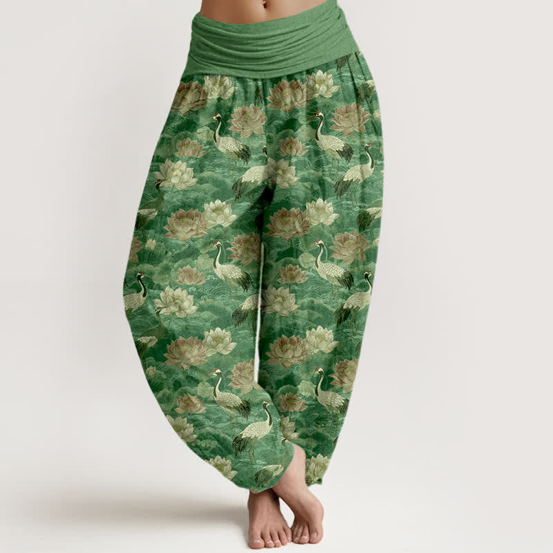 Buddha Stones Spodnie damskie typu harem z bawełny z nadrukiem w kształcie żurawia i elastyczną talią - MediumSeaGreen - US16, UK/AU20, EU48 (3XL) - image 8