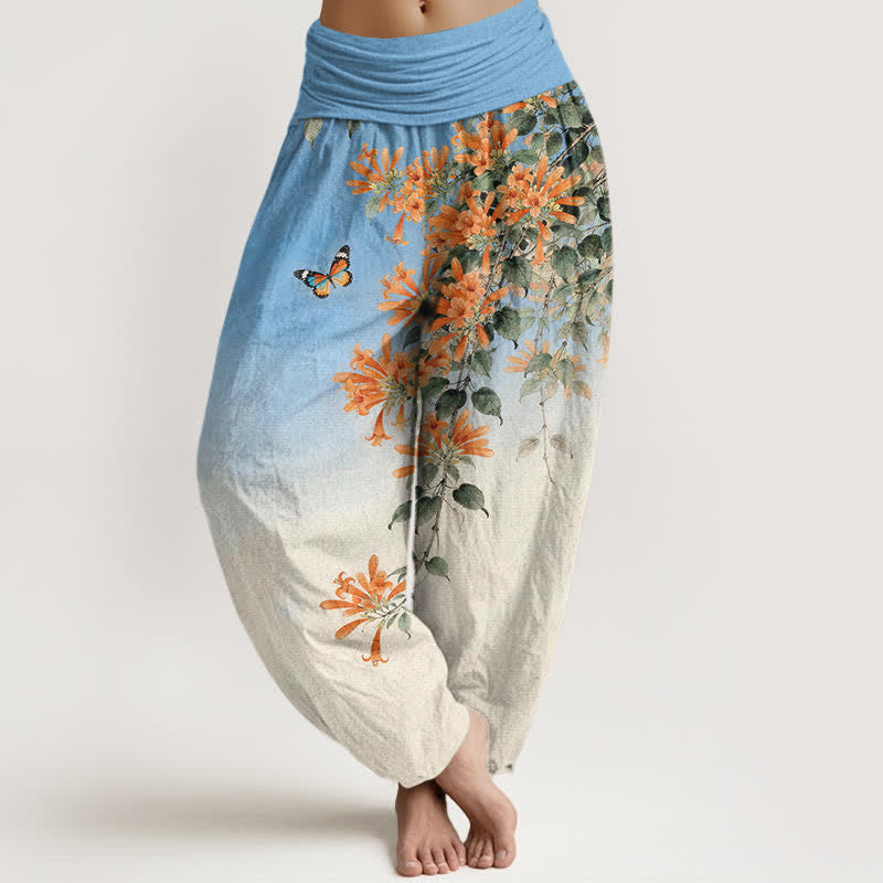 Buddha Stones Bawełniane spodnie damskie typu harem z elastyczną talią i pomarańczowym wzorem kwiatowym i motylami - DeepSkyBlue - US16, UK/AU20, EU48 (3XL) - image 0