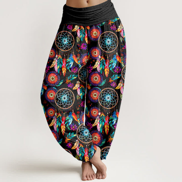 Buddha Stones Spodnie damskie typu harem z elastycznej talii z motywem łapacza snów i piór - Czarny - US16, UK/AU20, EU48 (3XL) - image 0