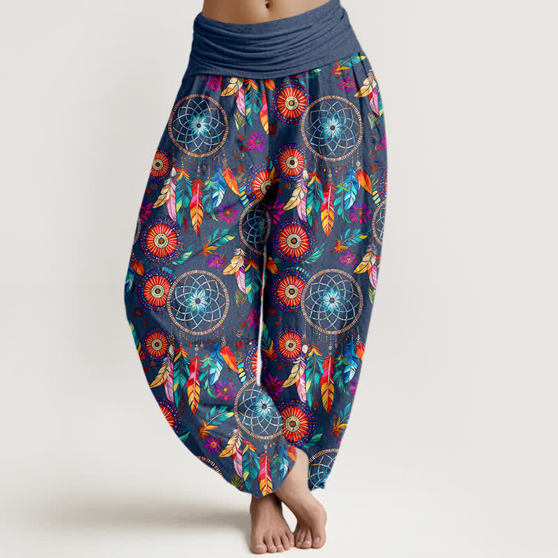 Buddha Stones Spodnie damskie typu harem z elastycznej talii z motywem łapacza snów i piór - Stalowoniebieski - US16, UK/AU20, EU48 (3XL) - image 5