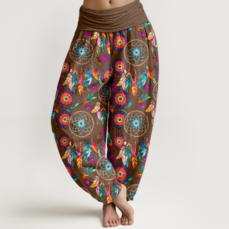 Buddha Stones Spodnie damskie typu harem z elastycznej talii z motywem łapacza snów i piór - Sjena - US16, UK/AU20, EU48 (3XL) - image 8