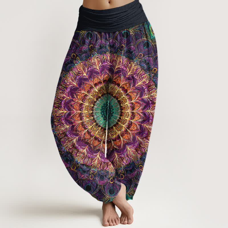 Buddha Stones Spodnie damskie typu harem z elastycznej talii z czystej bawełny z wzorem mandali i piór - Fioletowy - US16, UK/AU20, EU48 (3XL) - image 0