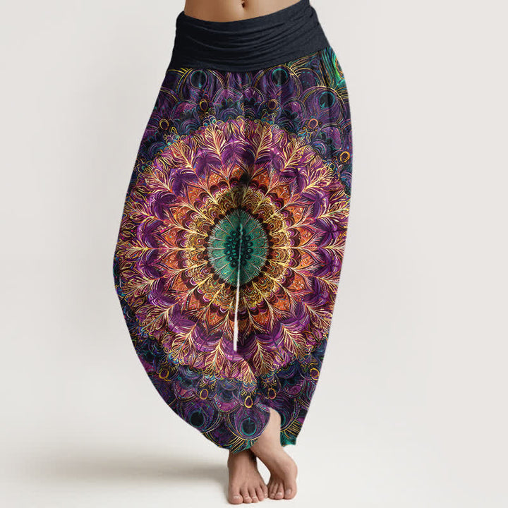 Buddha Stones Spodnie damskie typu harem z elastycznej talii z czystej bawełny z wzorem mandali i piór - Fioletowy - US16, UK/AU20, EU48 (3XL) - image 0