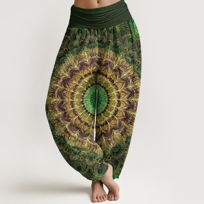 Buddha Stones Spodnie damskie typu harem z elastycznej talii z czystej bawełny z wzorem mandali i piór - DarkOliveGreen - US16, UK/AU20, EU48 (3XL) - image 8