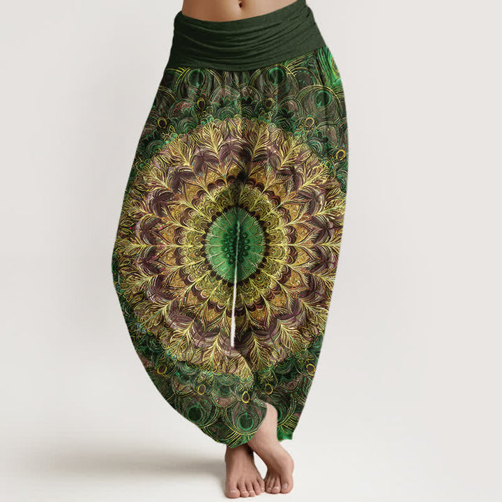 Buddha Stones Spodnie damskie typu harem z elastycznej talii z czystej bawełny z wzorem mandali i piór - DarkOliveGreen - US16, UK/AU20, EU48 (3XL) - image 8