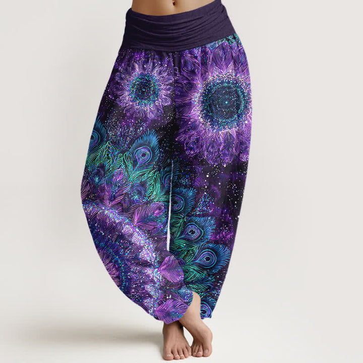 Buddha Stones Spodnie damskie harem z elastycznej talii z wzorem pawiego pióra z bawełny - BlueViolet - US16, UK/AU20, EU48 (3XL) - image 0