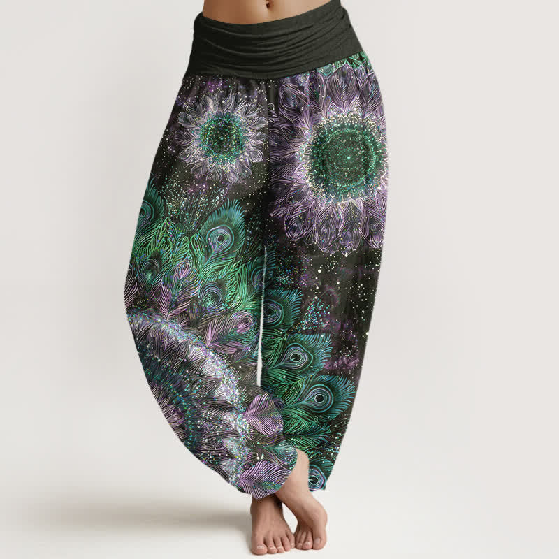 Buddha Stones Spodnie damskie harem z elastycznej talii z wzorem pawiego pióra z bawełny - Czarny - US16, UK/AU20, EU48 (3XL) - image 5