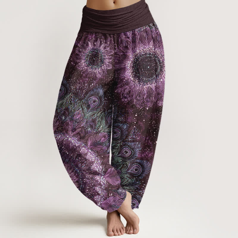 Buddha Stones Spodnie damskie harem z elastycznej talii z wzorem pawiego pióra z bawełny - Fioletowy - US16, UK/AU20, EU48 (3XL) - image 8