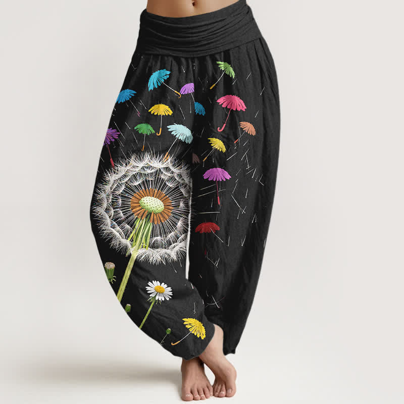 Buddha Stones Spodnie damskie typu harem z elastycznej talii z wzorem w kwiaty mniszka lekarskiego z czystej bawełny - Czarny - US16, UK/AU20, EU48 (3XL) - image 0
