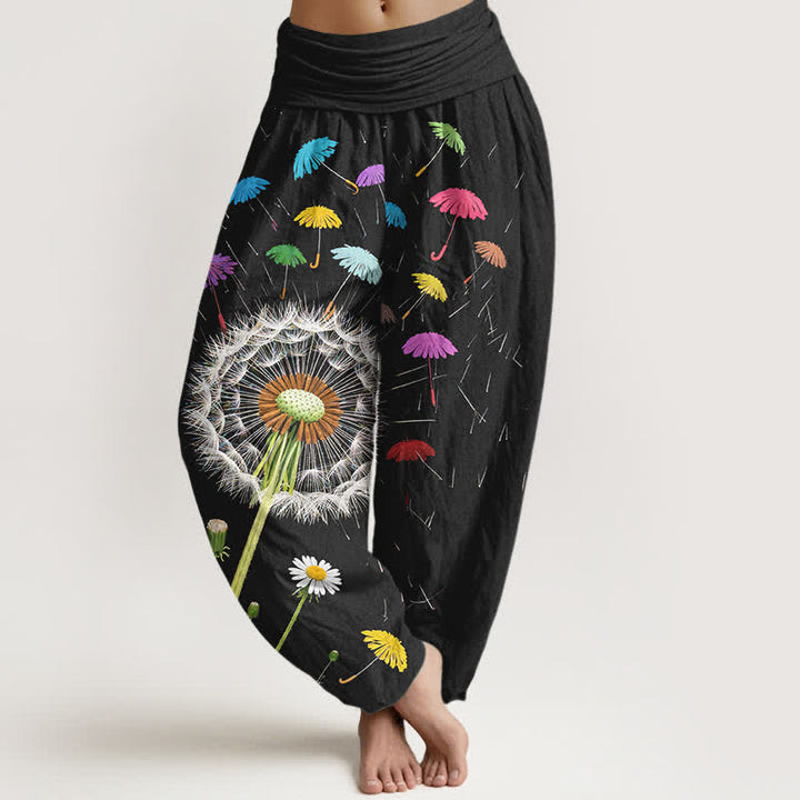 Buddha Stones Spodnie damskie typu harem z elastycznej talii z wzorem w kwiaty mniszka lekarskiego z czystej bawełny - Czarny - US16, UK/AU20, EU48 (3XL) - image 0