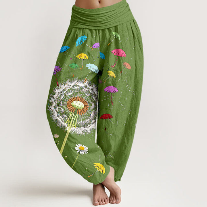 Buddha Stones Spodnie damskie typu harem z elastycznej talii z wzorem w kwiaty mniszka lekarskiego z czystej bawełny - Oliwkowy - US16, UK/AU20, EU48 (3XL) - image 5