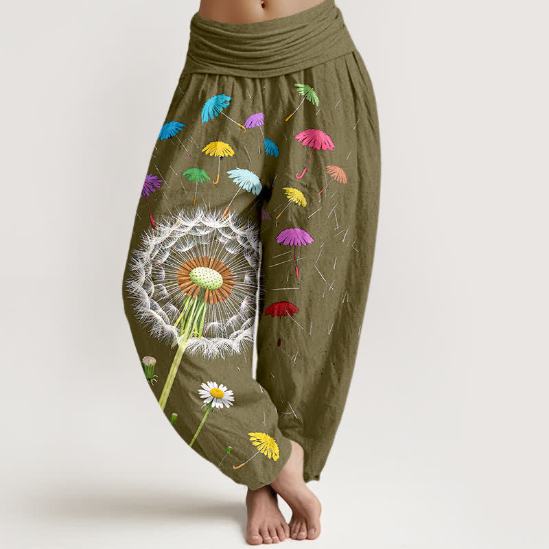 Buddha Stones Spodnie damskie typu harem z elastycznej talii z wzorem w kwiaty mniszka lekarskiego z czystej bawełny - Ciemny Khaki - US16, UK/AU20, EU48 (3XL) - image 8