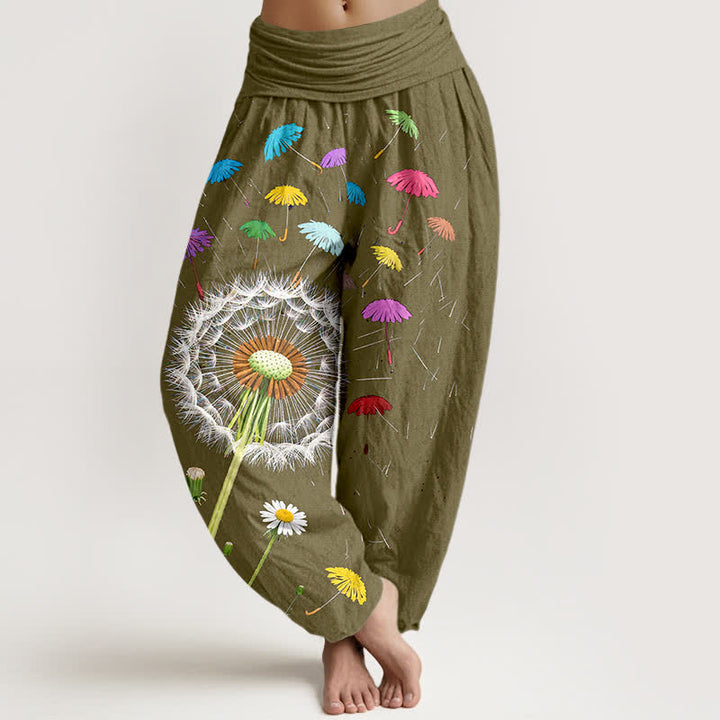 Buddha Stones Spodnie damskie typu harem z elastycznej talii z wzorem w kwiaty mniszka lekarskiego z czystej bawełny - Ciemny Khaki - US16, UK/AU20, EU48 (3XL) - image 8