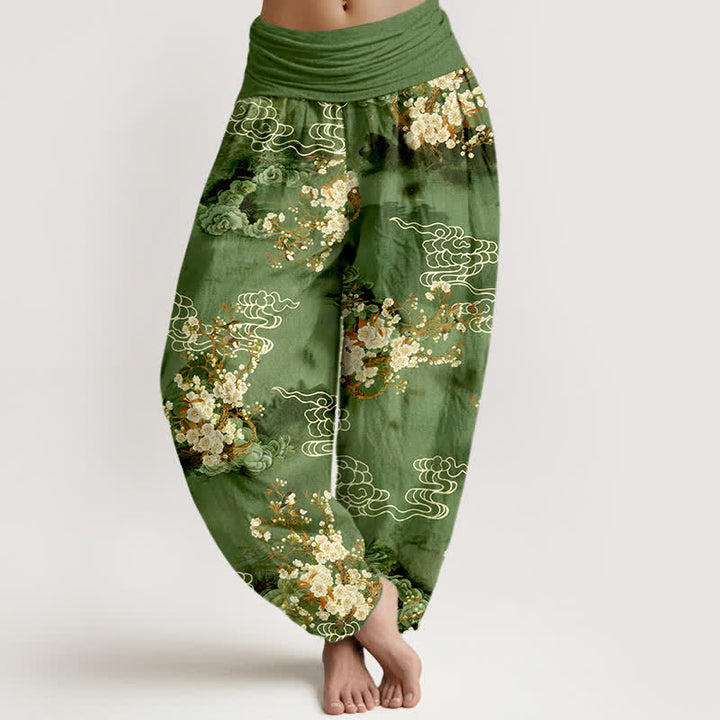 Buddha Stones Spodnie damskie typu harem z elastycznej talii, z motywem kwiatowym i chmurkami z czystej bawełny - ForestGreen - US16, UK/AU20, EU48 (3XL) - image 5