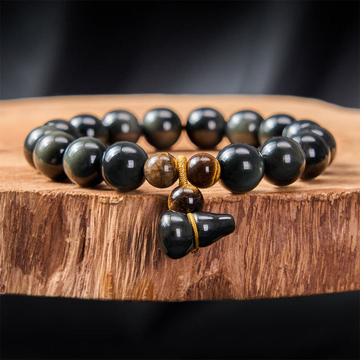 Buddha Stones Bransoletka ochronna z tęczowego obsydianu w stylu vintage z Chin - 12 mm obsydian tęczowy (zmieniający kolor pod wpływem światła) - image 16