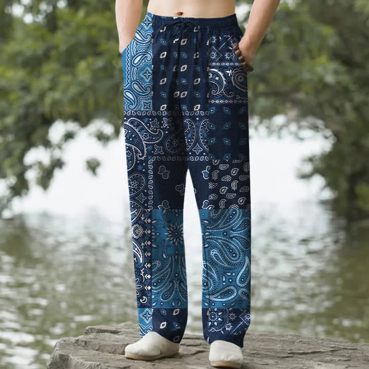 Buddha Stones Spodnie męskie zwężane z kieszeniami, z bawełny, wzór paisley - Marynarka wojenna - US/UK/AU50, EU60 (5XL) - image 0