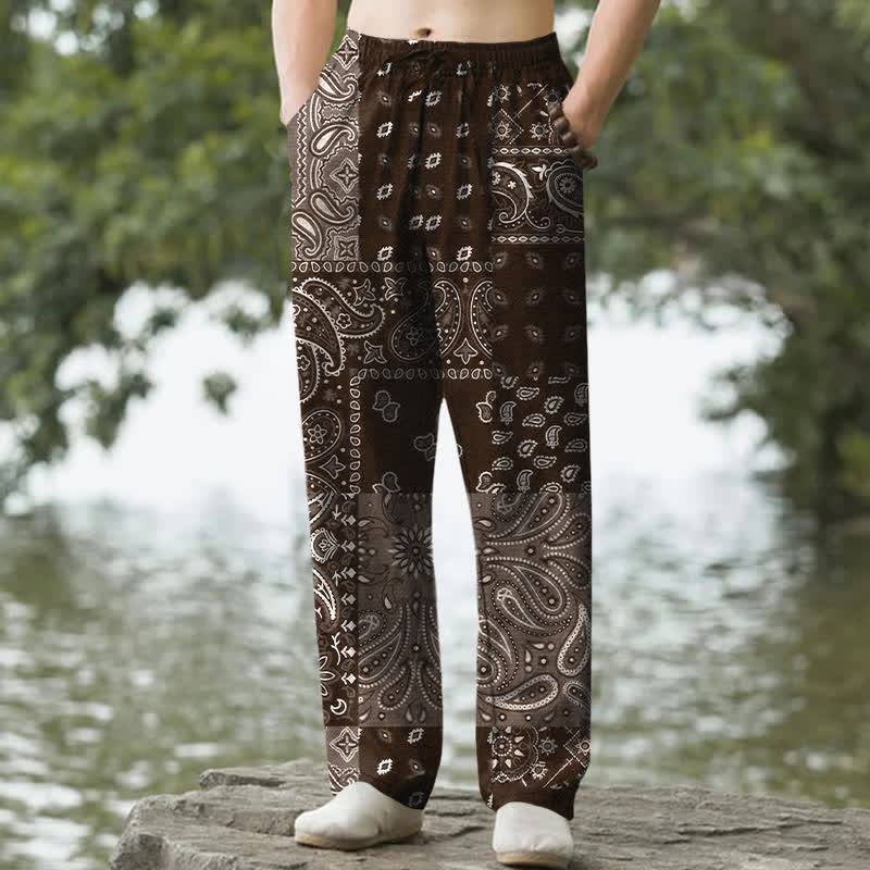Buddha Stones Spodnie męskie zwężane z kieszeniami, z bawełny, wzór paisley - SaddleBrown - US/UK/AU50, EU60 (5XL) - image 4