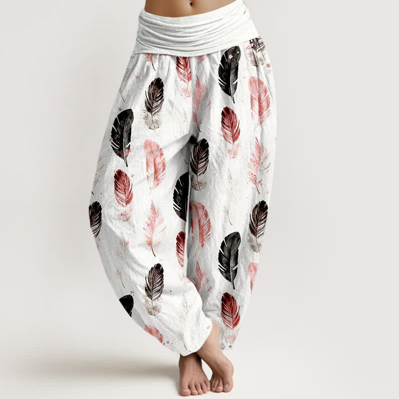 Buddha Stones Spodnie damskie typu harem z czystej bawełny z wzorem piór i elastyczną talią - Biały - US16, UK/AU20, EU48 (3XL) - image 0