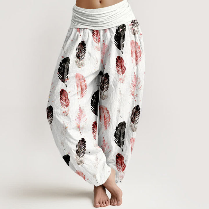 Buddha Stones Spodnie damskie typu harem z czystej bawełny z wzorem piór i elastyczną talią - Biały - US16, UK/AU20, EU48 (3XL) - image 0