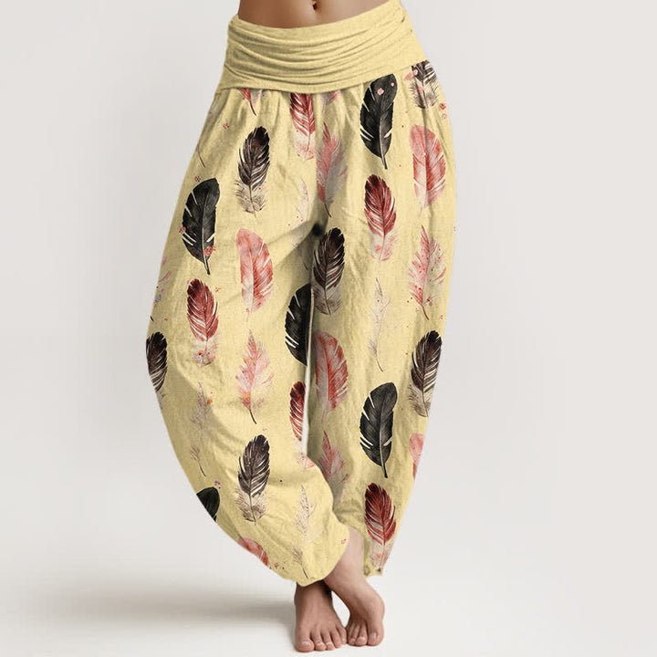 Buddha Stones Spodnie damskie typu harem z czystej bawełny z wzorem piór i elastyczną talią - Jedwab kukurydziany - US16, UK/AU20, EU48 (3XL) - image 5