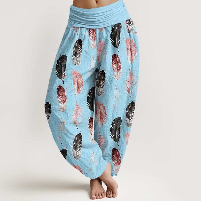Buddha Stones Spodnie damskie typu harem z czystej bawełny z wzorem piór i elastyczną talią - Jasnoniebieski - US16, UK/AU20, EU48 (3XL) - image 8