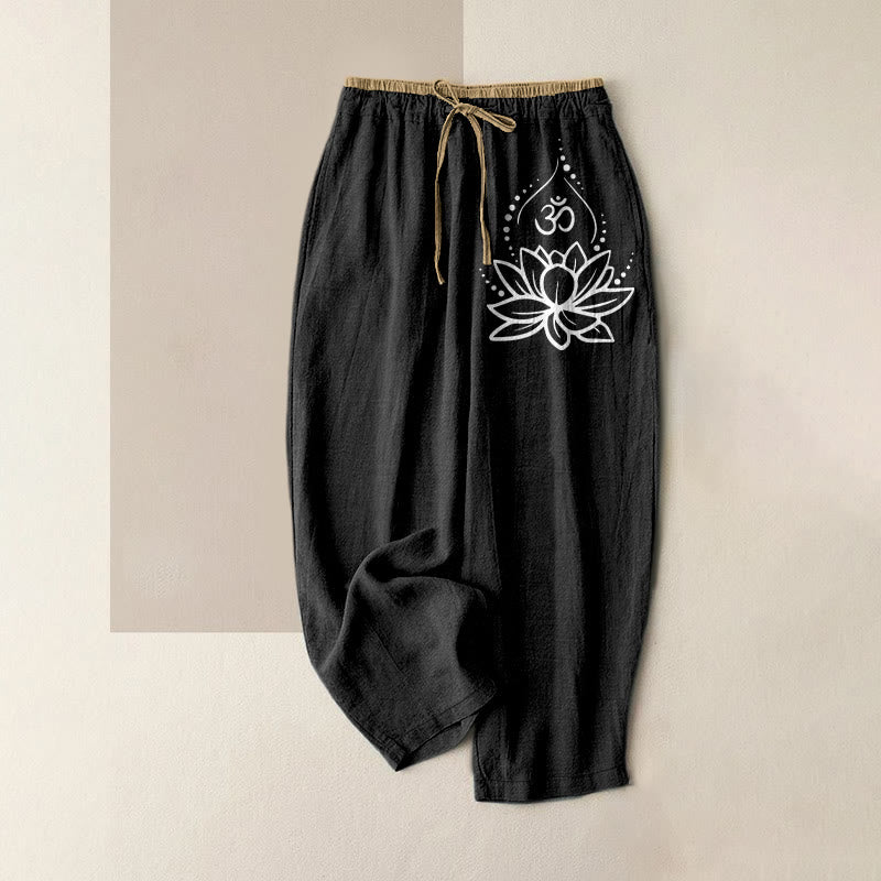 Buddha Stones Spodnie damskie z elastyczną talią i kieszeniami, wykonane z czystej bawełny, w wzór Lotus OM - Czarny - US16, UK/AU20, EU48 (3XL) - image 0