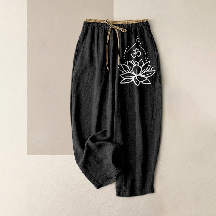 Buddha Stones Spodnie damskie z elastyczną talią i kieszeniami, wykonane z czystej bawełny, w wzór Lotus OM - Czarny - US16, UK/AU20, EU48 (3XL) - image 0