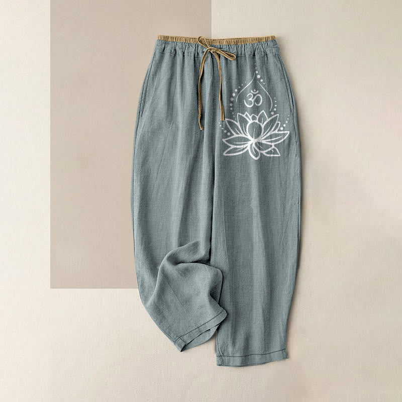 Buddha Stones Spodnie damskie z elastyczną talią i kieszeniami, wykonane z czystej bawełny, w wzór Lotus OM - CadetBlue - US16, UK/AU20, EU48 (3XL) - image 4