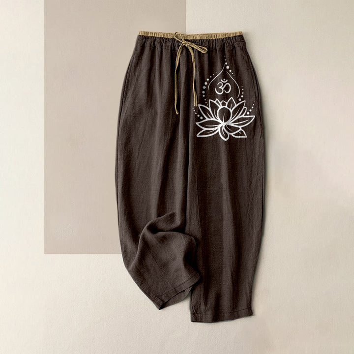 Buddha Stones Spodnie damskie z elastyczną talią i kieszeniami, wykonane z czystej bawełny, w wzór Lotus OM - SaddleBrown - US16, UK/AU20, EU48 (3XL) - image 5