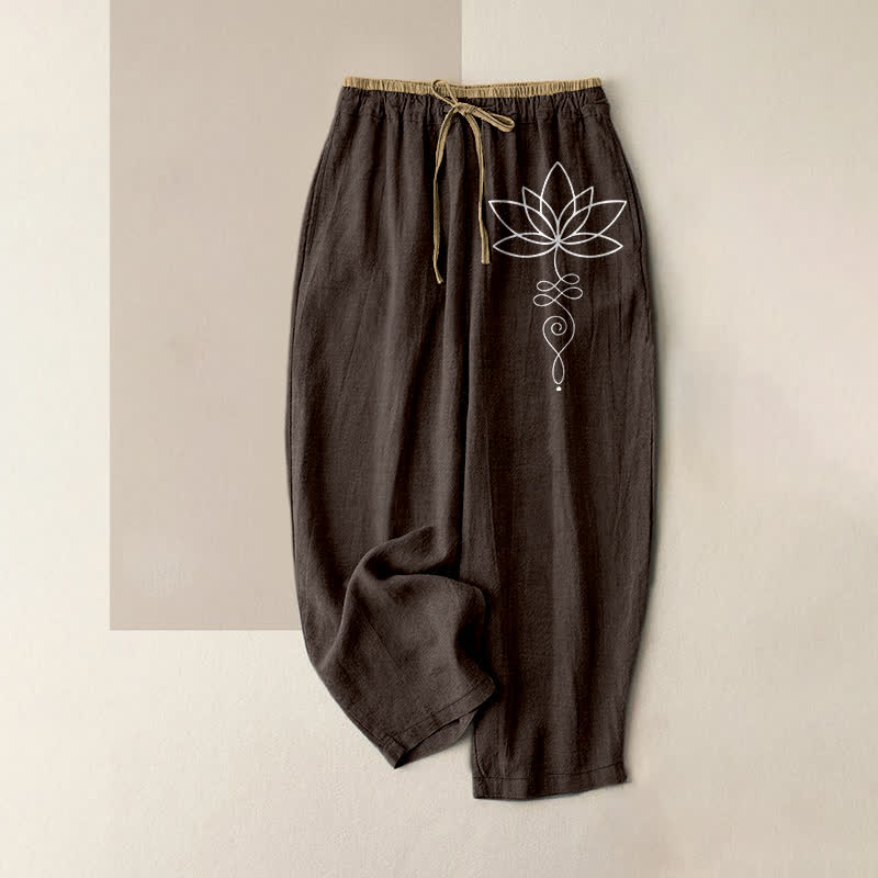 Buddha Stones Spodnie damskie z elastyczną talią i kieszeniami, z czystej bawełny, w wzór Zen Lotus - SaddleBrown - US16, UK/AU20, EU48 (3XL) - image 0