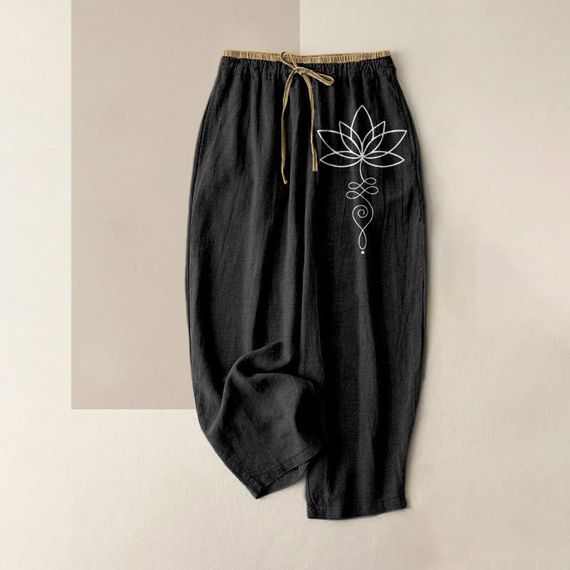 Buddha Stones Spodnie damskie z elastyczną talią i kieszeniami, z czystej bawełny, w wzór Zen Lotus - Czarny - US16, UK/AU20, EU48 (3XL) - image 4
