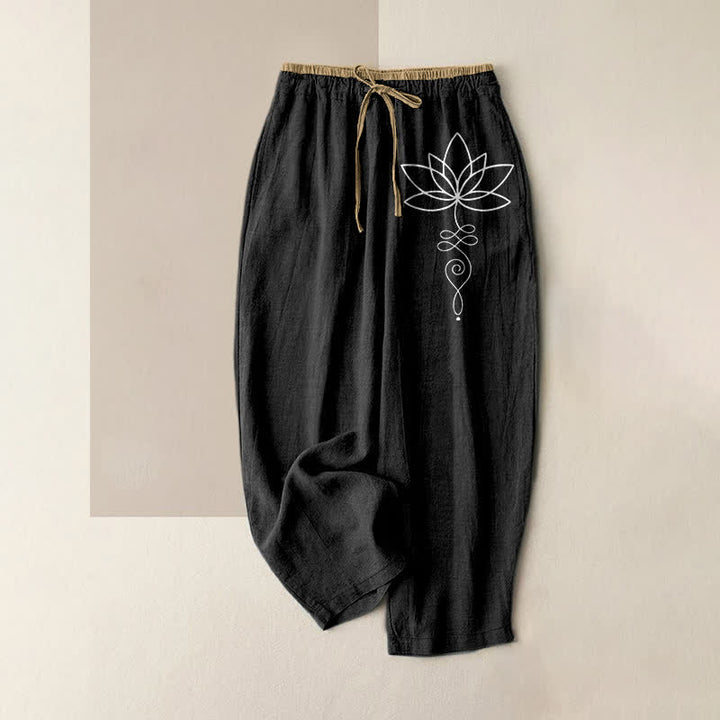 Buddha Stones Spodnie damskie z elastyczną talią i kieszeniami, z czystej bawełny, w wzór Zen Lotus - Czarny - US16, UK/AU20, EU48 (3XL) - image 4