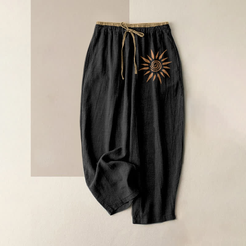 Buddha Stones Spodnie damskie bawełniane w stylu boho z elastycznym pasem i kieszeniami, z motywem słońca i zawijasami - Czarny - US16, UK/AU20, EU48 (3XL) - image 0