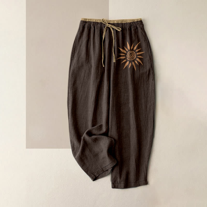 Buddha Stones Spodnie damskie bawełniane w stylu boho z elastycznym pasem i kieszeniami, z motywem słońca i zawijasami - SaddleBrown - US16, UK/AU20, EU48 (3XL) - image 5