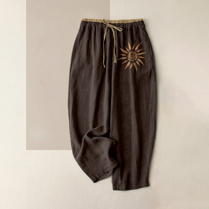 Buddha Stones Spodnie damskie bawełniane w stylu boho z elastycznym pasem i kieszeniami, z motywem słońca i zawijasami - SaddleBrown - US16, UK/AU20, EU48 (3XL) - image 5