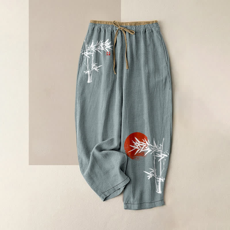 Buddha Stones Spodnie damskie z elastyczną talią i kieszeniami, z czystej bawełny, z motywem bambusa i czerwonym słońcem - CadetBlue - US16, UK/AU20, EU48 (3XL) - image 0