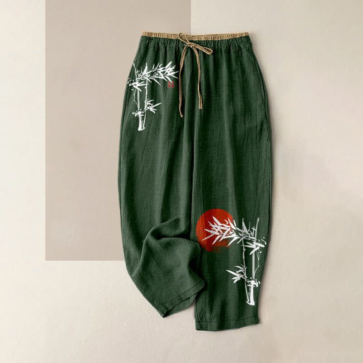 Buddha Stones Spodnie damskie z elastyczną talią i kieszeniami, z czystej bawełny, z motywem bambusa i czerwonym słońcem - ForestGreen - US16, UK/AU20, EU48 (3XL) - image 6