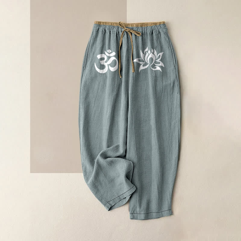 Buddha Stones Spodnie damskie z czystej bawełny w kolorze białym z wzorem OM i lotosu, z elastyczną talią i kieszeniami - CadetBlue - US16, UK/AU20, EU48 (3XL) - image 4