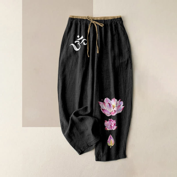 Buddha Stones Spodnie damskie z elastyczną talią i kieszeniami, z czystej bawełny, wzór OM Pink Lotus - Czarny - US16, UK/AU20, EU48 (3XL) - image 0