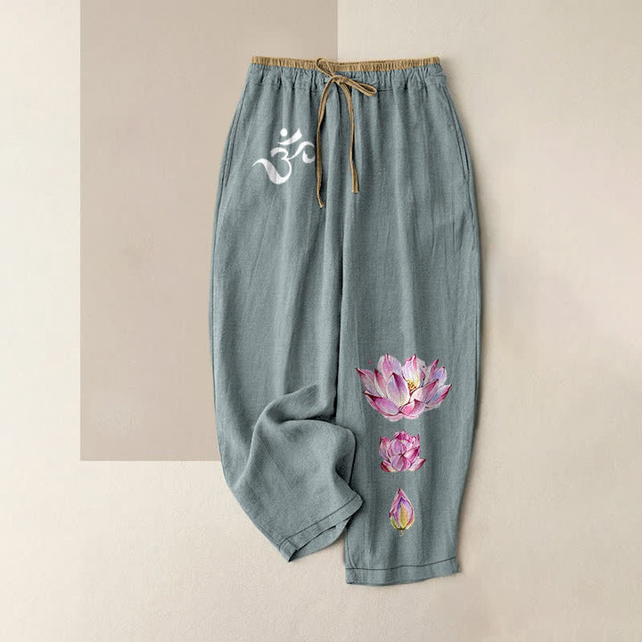 Buddha Stones Spodnie damskie z elastyczną talią i kieszeniami, z czystej bawełny, wzór OM Pink Lotus - CadetBlue - US16, UK/AU20, EU48 (3XL) - image 4