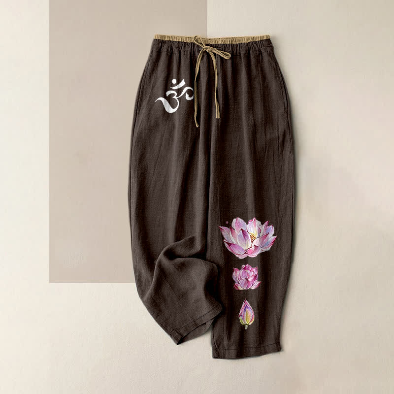 Buddha Stones Spodnie damskie z elastyczną talią i kieszeniami, z czystej bawełny, wzór OM Pink Lotus - SaddleBrown - US16, UK/AU20, EU48 (3XL) - image 5