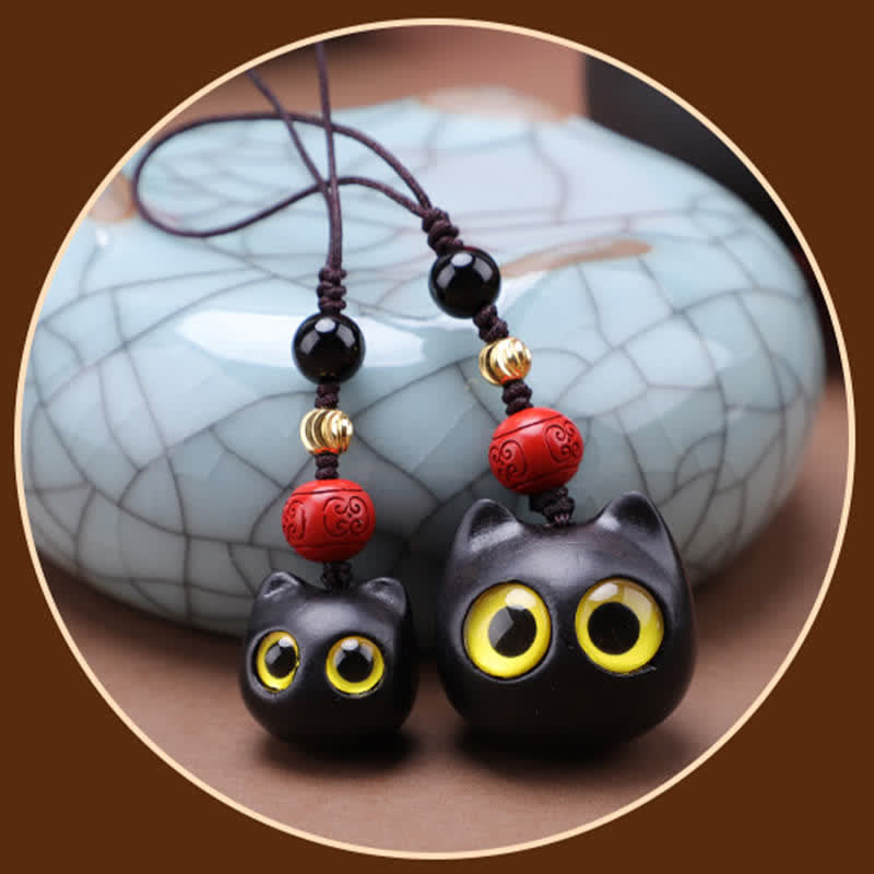 Buddha Stones Breloczki do kluczy z drewna hebanowego z uroczym kotem, ręcznie rzeźbione, uziemiające pokój - image 18