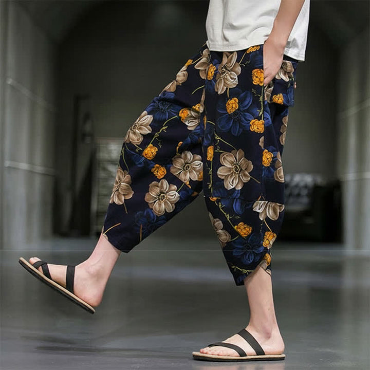 Buddha Stones Letnie, swobodne spodnie capri w kwiaty w stylu boho, męskie, zwężane, z kieszeniami - image 8
