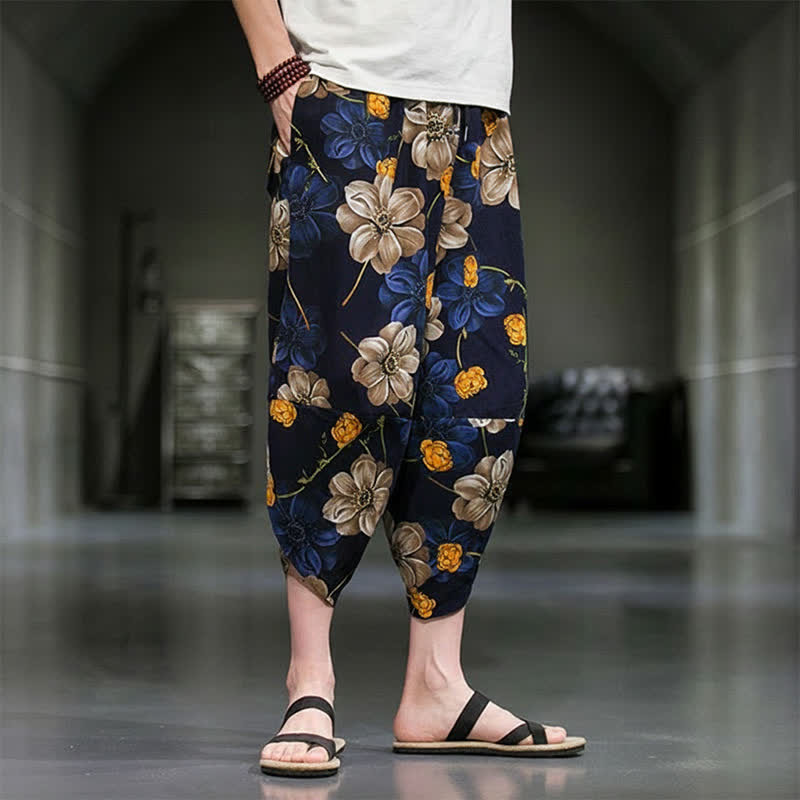 Buddha Stones Letnie, swobodne spodnie capri w kwiaty w stylu boho, męskie, zwężane, z kieszeniami - image 3
